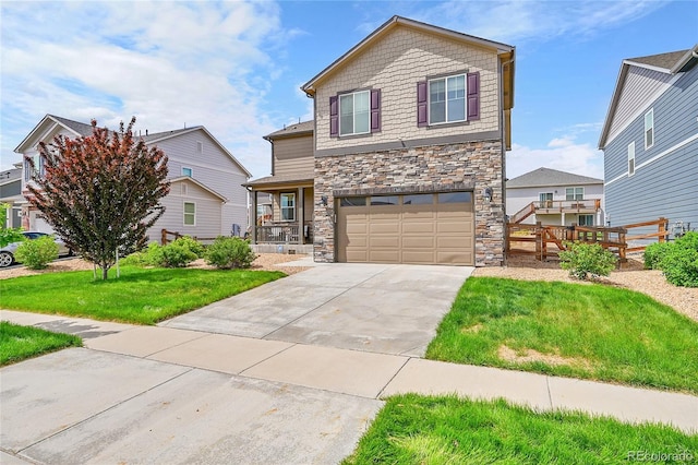 7465 E 157th Pl, Thornton, CO 80602 - craftsman house featuring stone siding, driveway, an attached garage, and covered porch