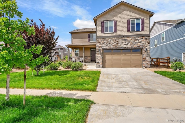 7465 E 157th Pl, Thornton, CO 80602 - view of front of house featuring stone siding, covered porch, concrete driveway, and a garage