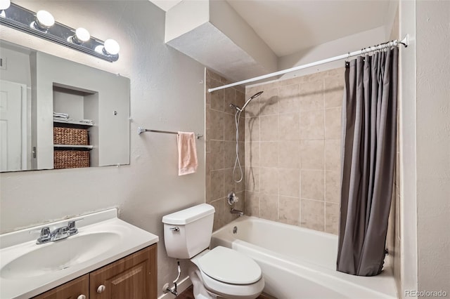 3653 S Sheridan Blvd Unit 16, Denver, CO 80235 - bathroom with shower / bathtub combination with curtain, vanity, and a textured wall