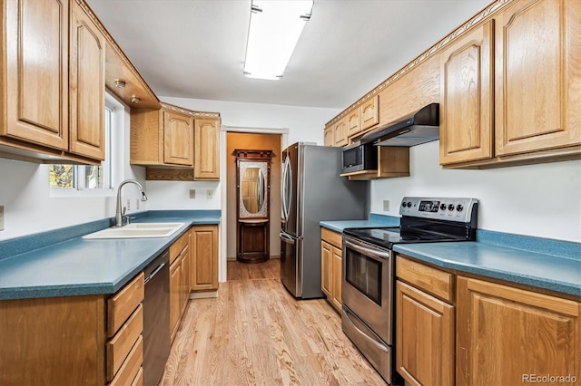 kitchen featuring dishwasher, sink, light wood-type flooring, and electric stove