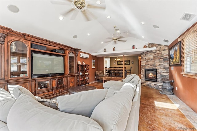 living room featuring lofted ceiling, a wall mounted air conditioner, a stone fireplace, and ceiling fan