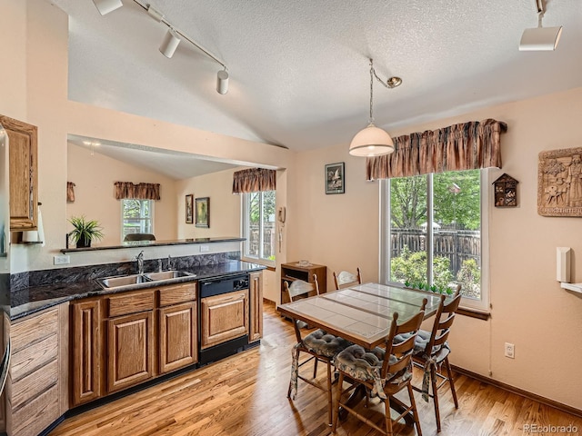 dining area featuring track lighting, light wood-style flooring, healthy amount of natural light, a textured ceiling, and vaulted ceiling