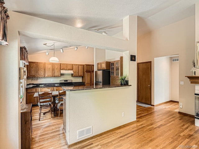 kitchen featuring appliances with stainless steel finishes, under cabinet range hood, lofted ceiling, dark countertops, and brown cabinetry