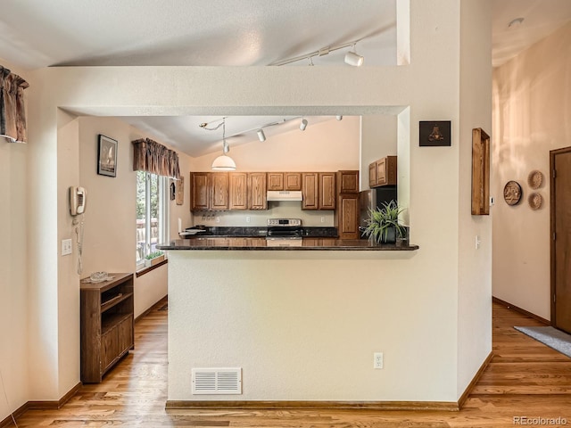 kitchen with appliances with stainless steel finishes, track lighting, under cabinet range hood, dark countertops, and light wood finished floors
