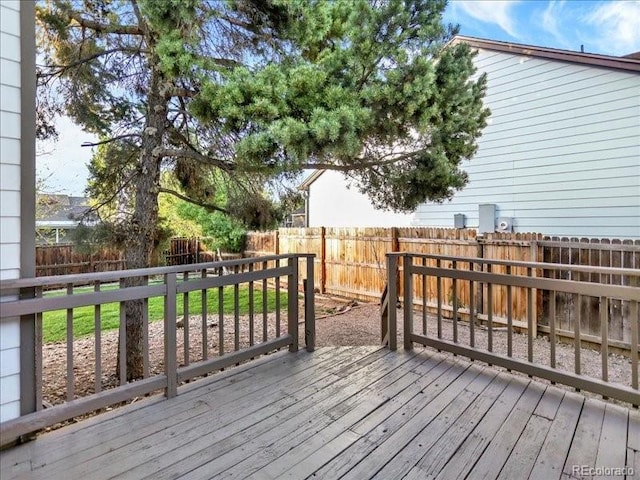 wooden deck with a fenced backyard
