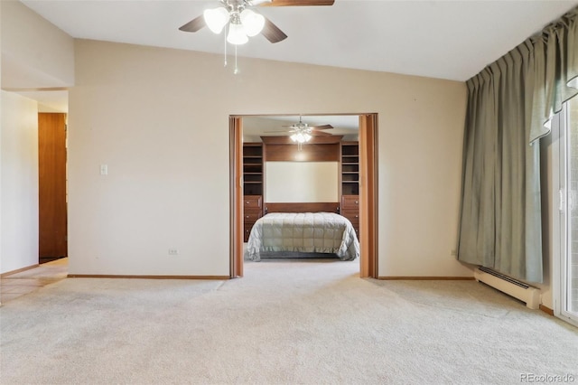 unfurnished bedroom featuring baseboard heating, light carpet, ceiling fan, and lofted ceiling