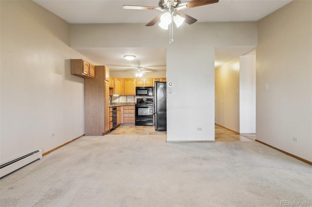 unfurnished living room with light colored carpet, baseboard heating, and ceiling fan