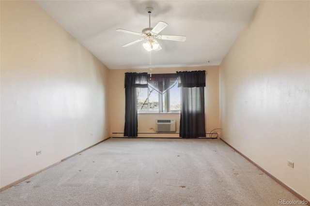 carpeted spare room with a wall mounted air conditioner and ceiling fan