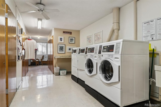 laundry area with washing machine and clothes dryer and ceiling fan