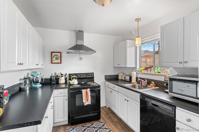 kitchen featuring sink, white cabinetry, wall chimney exhaust hood, and black appliances