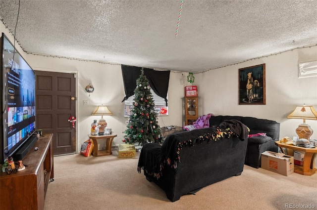 carpeted living room with a textured ceiling