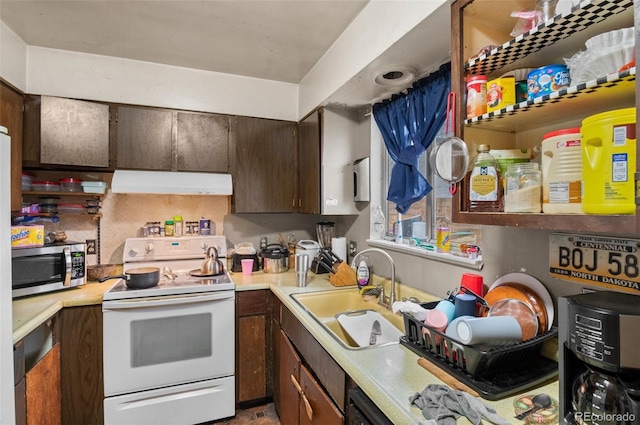 kitchen featuring electric range, dark brown cabinetry, and sink