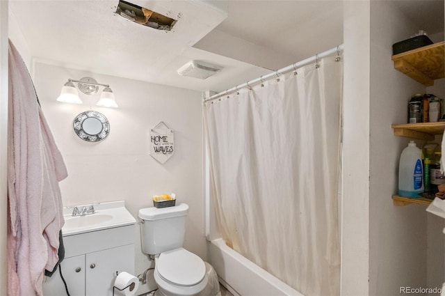 full bathroom with vanity, toilet, and shower / bath combo with shower curtain