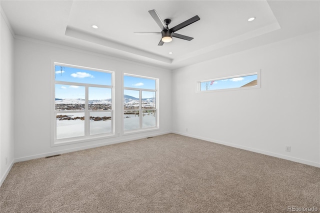 carpeted spare room featuring a raised ceiling, visible vents, and baseboards