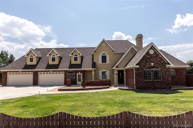 view of front of house featuring a front lawn and a garage