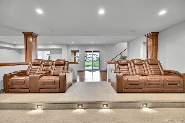 8179 S Kellerman Cir, Aurora, CO 80016 - cinema room featuring decorative columns, recessed lighting, baseboards, and wood finished floors