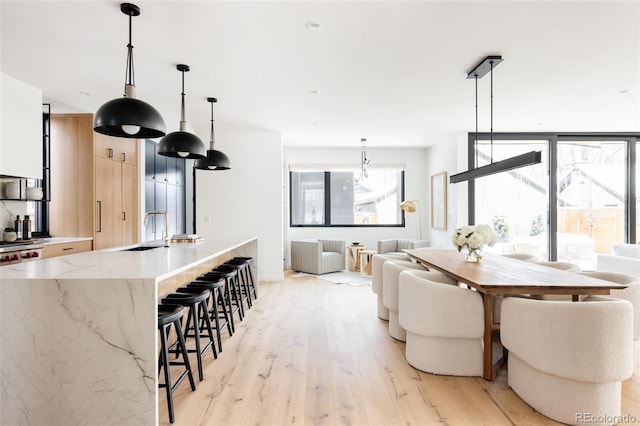 dining space featuring sink and light hardwood / wood-style flooring