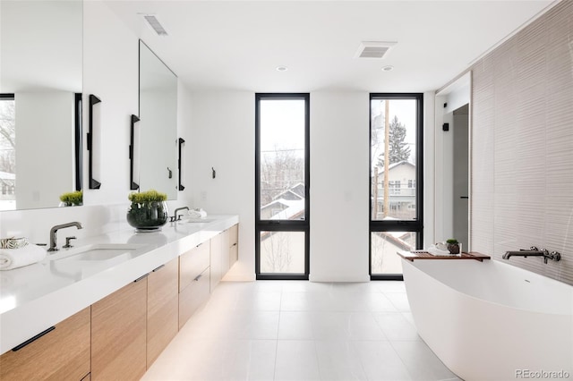 bathroom featuring a tub to relax in, expansive windows, and vanity