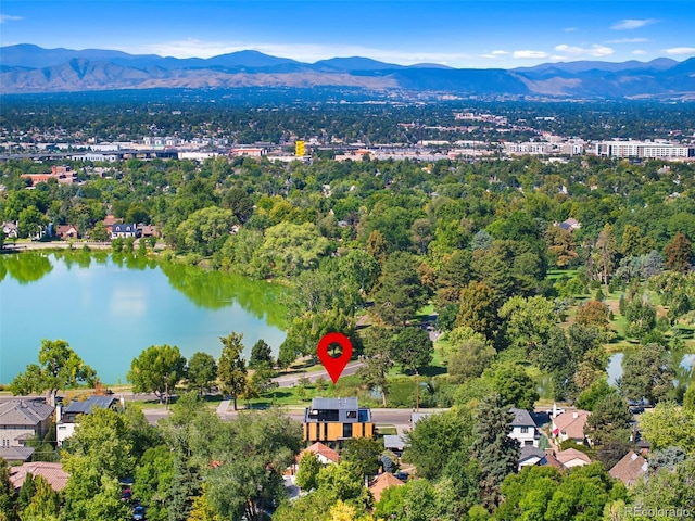 bird's eye view featuring a water and mountain view