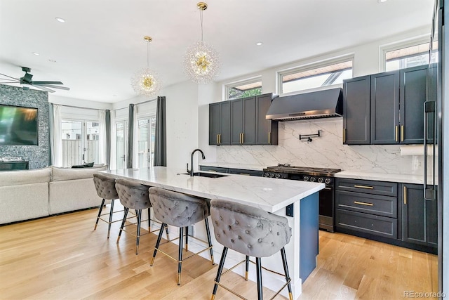 2280 W 42nd Ave, Denver, CO 80211 - kitchen with a sink, stainless steel gas range, range hood, decorative backsplash, and light stone counters