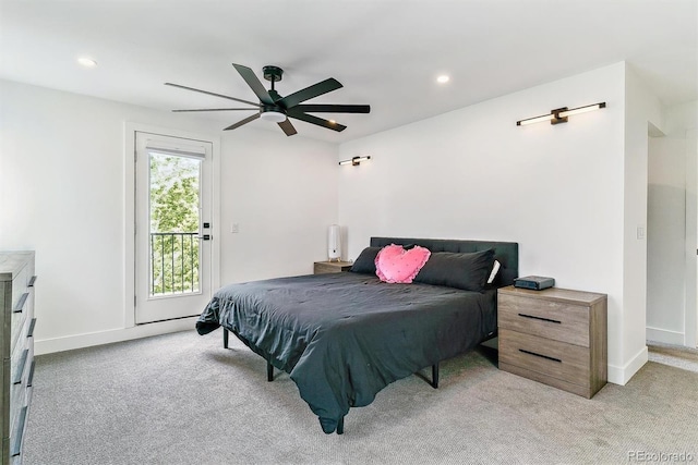 2280 W 42nd Ave, Denver, CO 80211 - bedroom with light carpet, baseboards, recessed lighting, ceiling fan, and access to outside