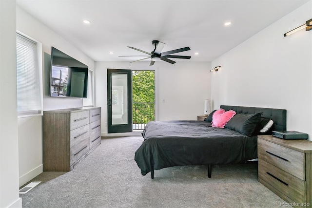 2280 W 42nd Ave, Denver, CO 80211 - bedroom with access to exterior, recessed lighting, light colored carpet, baseboards, and ceiling fan