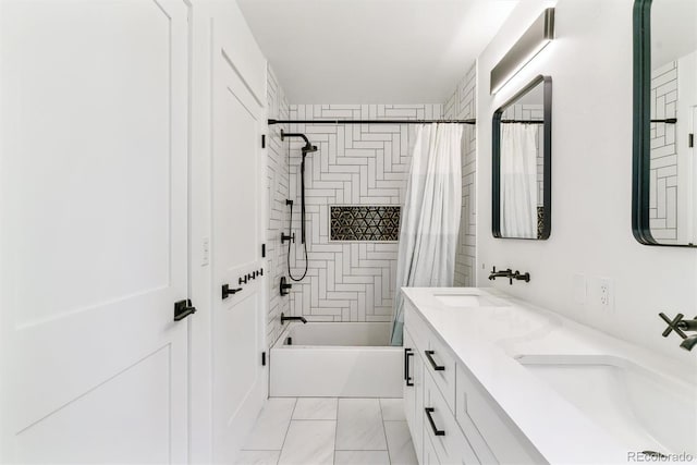 2280 W 42nd Ave, Denver, CO 80211 - bathroom featuring double vanity, shower / tub combo with curtain, and marble look tile flooring
