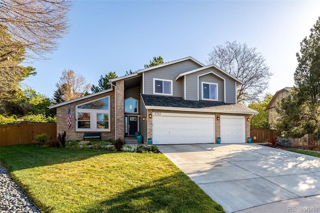 view of front of property with brick siding, a garage, fence, and concrete driveway