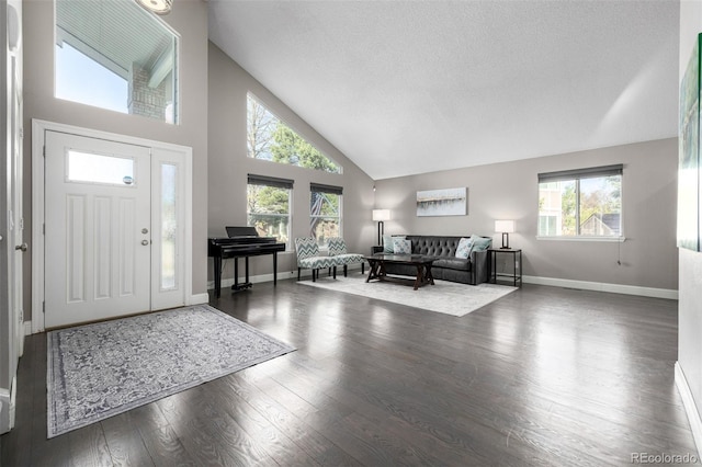 foyer with plenty of natural light, baseboards, wood finished floors, and high vaulted ceiling