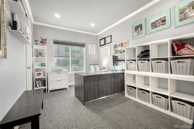 office space featuring carpet flooring, recessed lighting, and ornamental molding