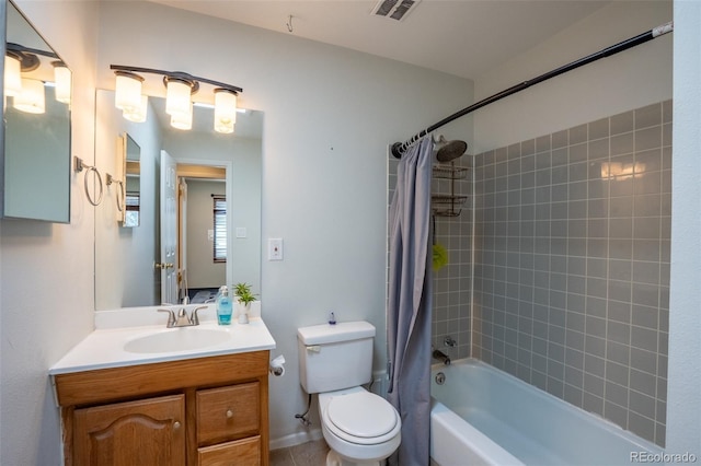 full bath featuring shower / bath combo, toilet, vanity, and visible vents