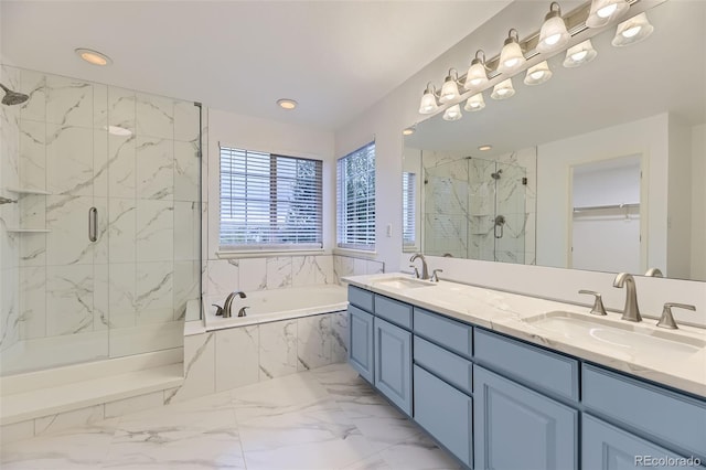 bathroom with marble finish flooring, a marble finish shower, a garden tub, double vanity, and recessed lighting
