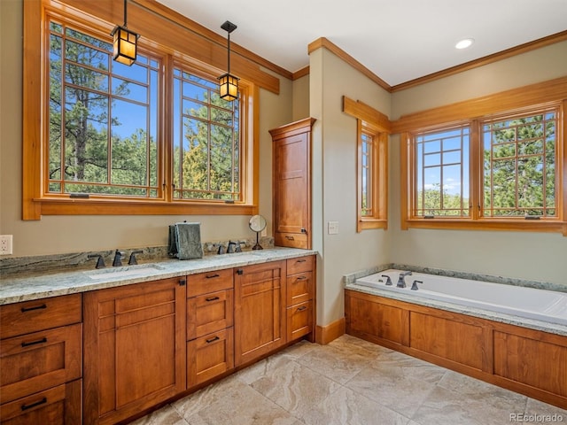 3395 Timbergate Trl, Evergreen, CO 80439 - bathroom featuring a garden tub, ornamental molding, and double vanity