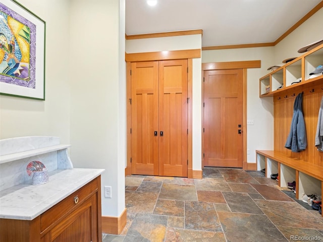 3395 Timbergate Trl, Evergreen, CO 80439 - mudroom with ornamental molding and dark stone finish flooring
