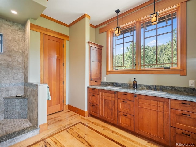 3395 Timbergate Trl, Evergreen, CO 80439 - bathroom with wood finished floors, walk in shower, ornamental molding, double vanity, and recessed lighting