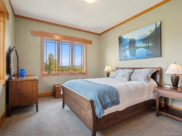 3395 Timbergate Trl, Evergreen, CO 80439 - carpeted bedroom featuring crown molding