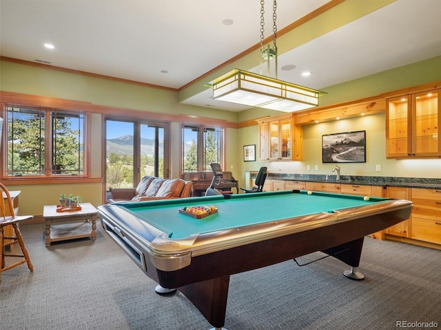 3395 Timbergate Trl, Evergreen, CO 80439 - recreation room featuring carpet floors, billiards table, recessed lighting, and crown molding