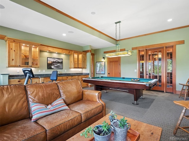 3395 Timbergate Trl, Evergreen, CO 80439 - playroom featuring carpet flooring, billiards table, ornamental molding, and recessed lighting