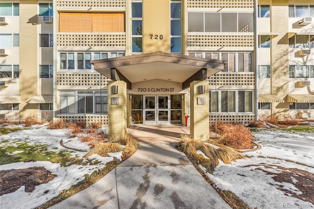 view of snow covered building