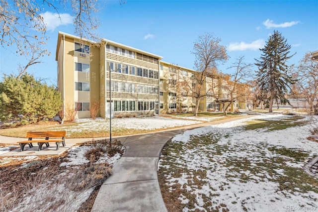 view of snow covered building