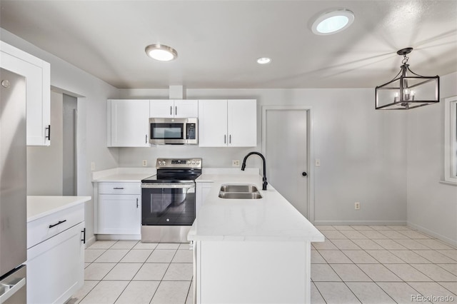 kitchen featuring white cabinetry, sink, stainless steel appliances, and decorative light fixtures