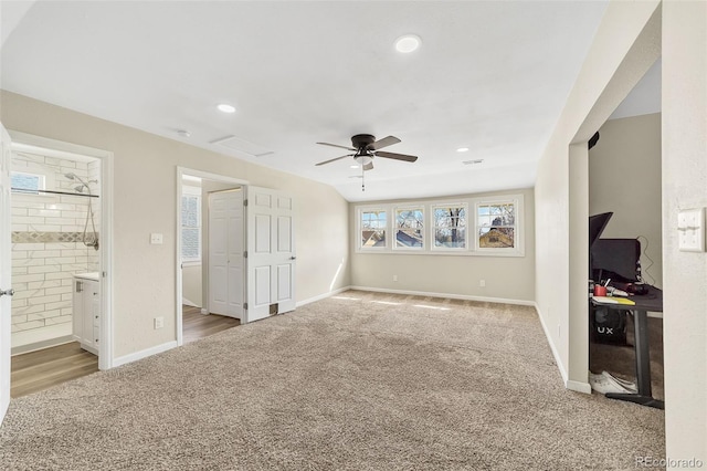 unfurnished bedroom with connected bathroom, baseboards, ceiling fan, light carpet, and recessed lighting