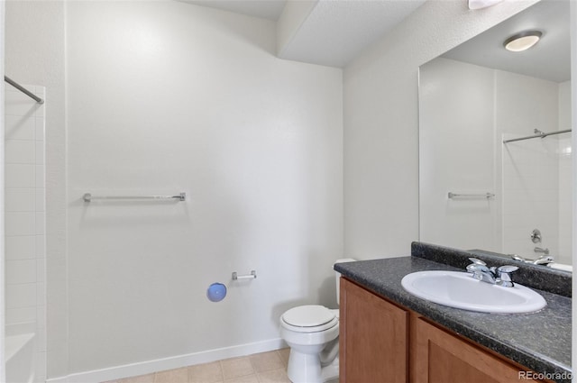4100 Albion St Unit 614, Denver, CO 80216 - full bathroom with vanity, shower / tub combination, toilet, baseboards, and tile patterned flooring