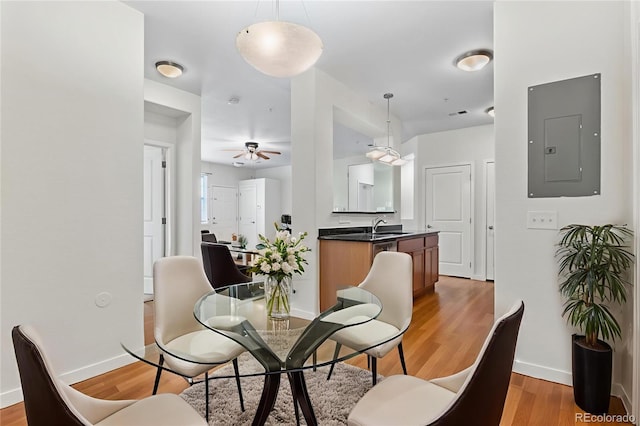 4100 Albion St Unit 614, Denver, CO 80216 - dining room with electric panel, light wood-type flooring, baseboards, and a ceiling fan