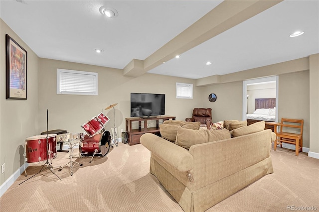 1583 Sunset Ridge Rd, Highlands Ranch, CO 80126 - living area featuring light carpet, baseboards, and recessed lighting