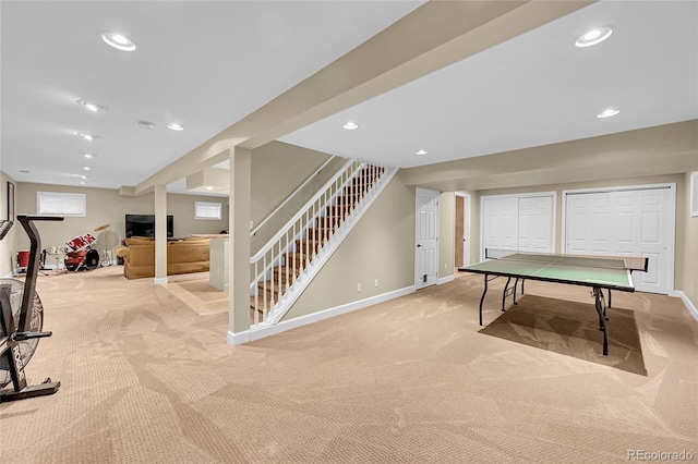 1583 Sunset Ridge Rd, Highlands Ranch, CO 80126 - recreation room featuring light carpet, baseboards, and recessed lighting