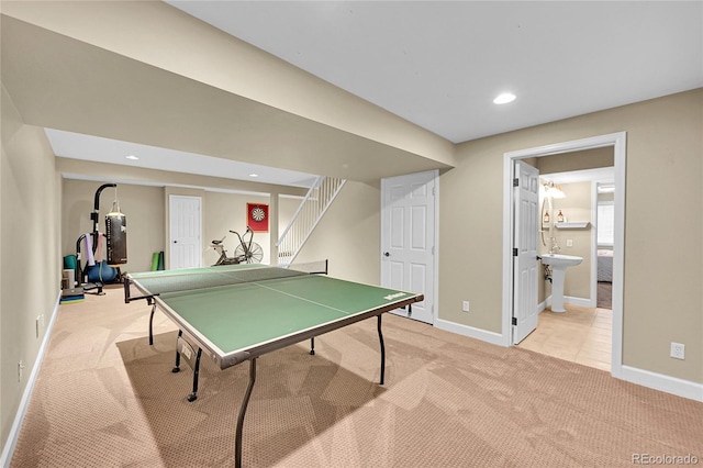 1583 Sunset Ridge Rd, Highlands Ranch, CO 80126 - rec room featuring light colored carpet, baseboards, recessed lighting, and a sink