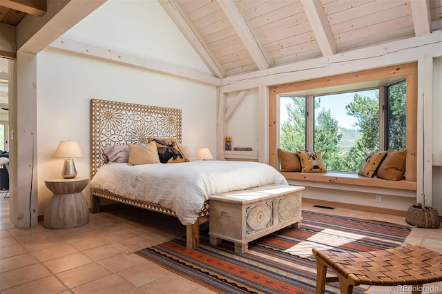 bedroom with beamed ceiling, wood ceiling, light tile patterned floors, and high vaulted ceiling