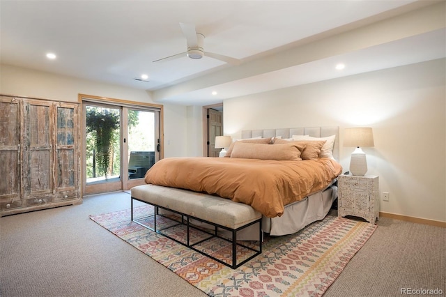 bedroom featuring carpet flooring, ceiling fan, and access to outside