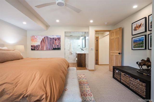 bedroom featuring ceiling fan and light colored carpet